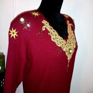 VTG sweater Red gold Embellished Ornate retro